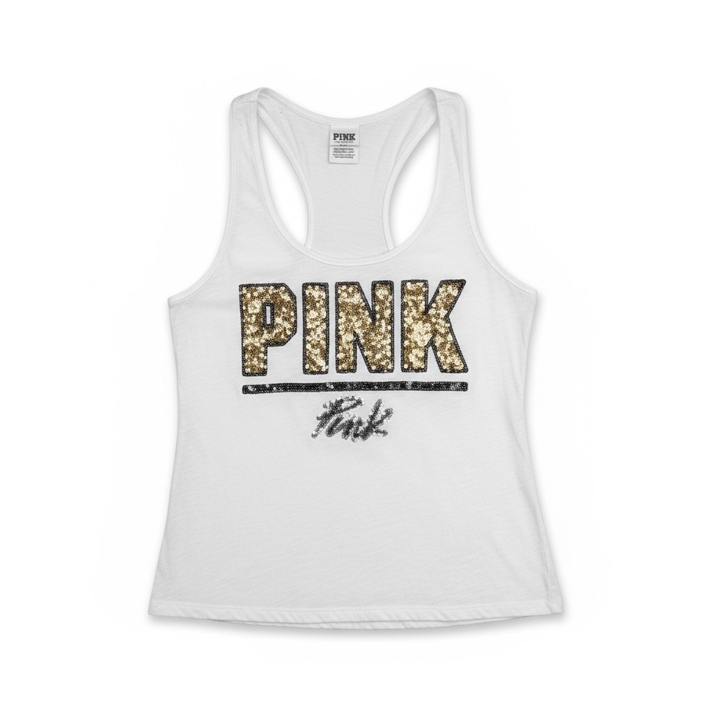 PINK Victoria's Secret White and Gold Racerback Tank